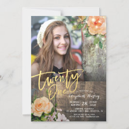 21歳の誕生日パーティーウッドフローラストリングライトフォト マグネット招待状
