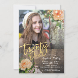 21歳の誕生日パーティーウッドフローラストリングライトフォト 招待状