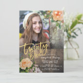 21歳の誕生日パーティーウッドフローラストリングライトフォト 招待状 (スタンド正面)