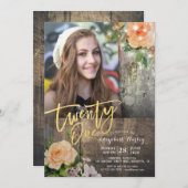 21歳の誕生日パーティーウッドフローラストリングライトフォト 招待状 (正面/裏面)