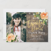 21歳の誕生日パーティーウッドフローラストリングライトフォト 招待状 (正面)