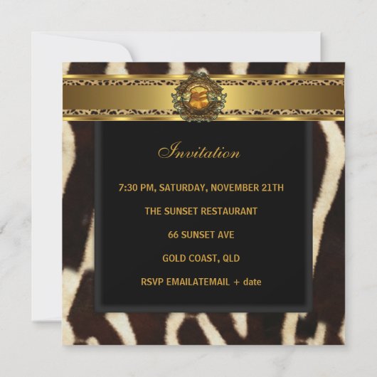 21歳の誕生日パーティーエキゾチックなワイルドブラック金ゴールド 招待状 (裏面)