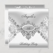21歳の誕生日パーティーエレガントシルバーホワイトジュエル 招待状 (正面/裏面)