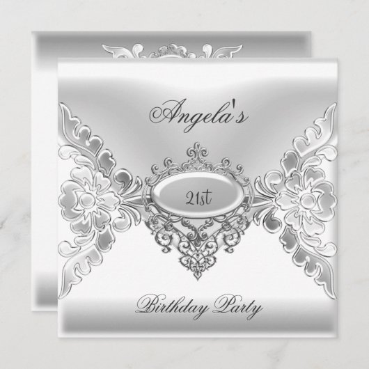 21歳の誕生日パーティーエレガントシルバーホワイトジュエル 招待状 (正面/裏面)