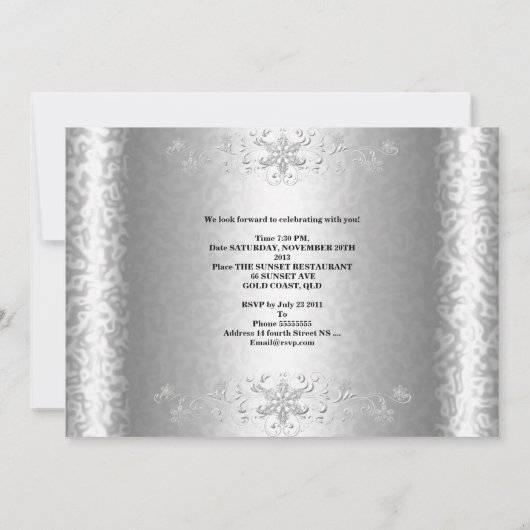 21歳の誕生日パーティーエレガントシルバーホワイトフローラ 招待状 (裏面)