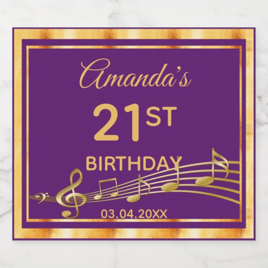 21歳の誕生日パーティーエレガントパープルと金ゴールド スパークリングワインラベル (シングルラベル)