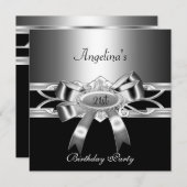 21歳の誕生日パーティーエレガントブラックシルバーメタルボウ 招待状 (正面/裏面)