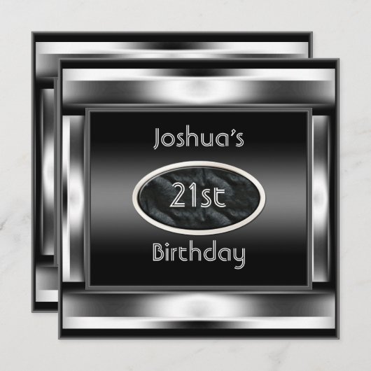 21歳の誕生日パーティーエレガントブラックメタルメンズ2 招待状 (正面/裏面)