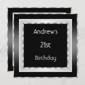21歳の誕生日パーティーエレガント白黒シルバーメン 招待状 (正面/裏面)