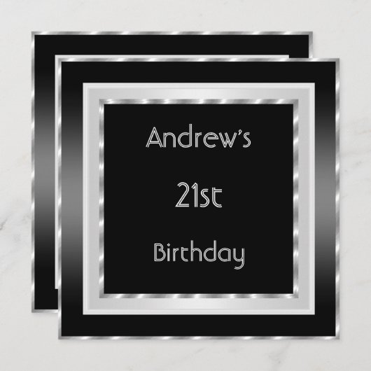 21歳の誕生日パーティーエレガント白黒シルバーメン 招待状 (正面/裏面)