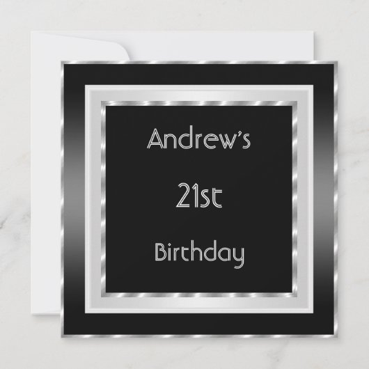 21歳の誕生日パーティーエレガント白黒シルバーメン 招待状 (正面)