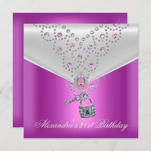 21歳の誕生日パーティーオーバーレイピンクジュエル鍵ロック2 招待状 (正面/裏面)