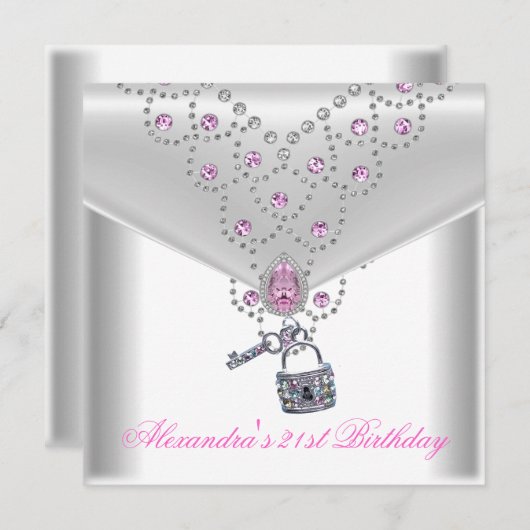 21歳の誕生日パーティーオーバーレイピンクジュエル鍵ロック 招待状 (正面/裏面)