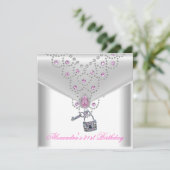 21歳の誕生日パーティーオーバーレイピンクジュエル鍵ロック 招待状 (スタンド正面)