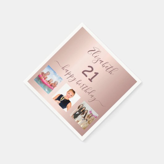 21歳の誕生日パーティーカスタムフォトバラ金ゴールドピンク スタンダードカクテルナプキン (角)