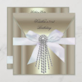 21歳の誕生日パーティークリーム金ゴールドパールジュエル 招待状 (正面/裏面)