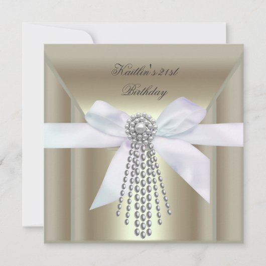 21歳の誕生日パーティークリーム金ゴールドパールジュエル 招待状 (正面)