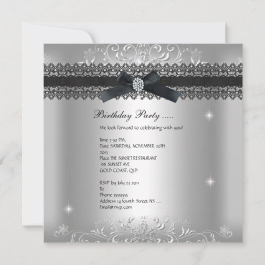 21歳の誕生日パーティーグリッターシルバーグレー 招待状 (裏面)