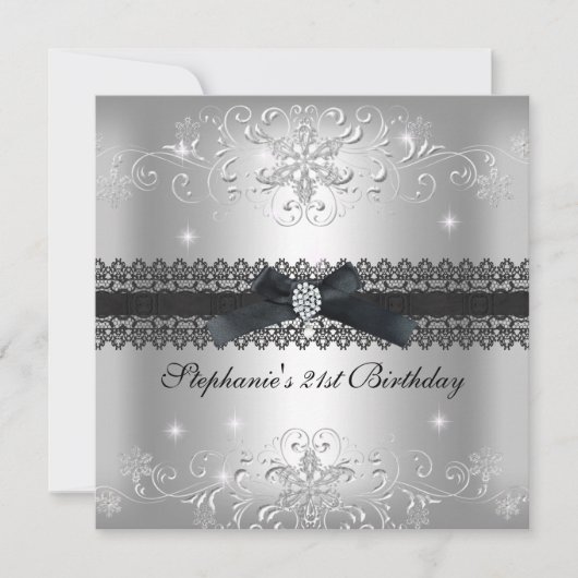 21歳の誕生日パーティーグリッターシルバーグレー 招待状 (正面)