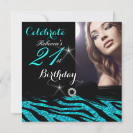 21歳の誕生日パーティーグリッターティール（緑がかった色）ブルーゼブラ4a 招待状