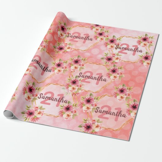 21歳の誕生日パーティーサンゴ金ゴールドダリア花 ラッピングペーパー (アンロールド)