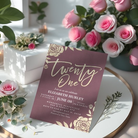 21歳の誕生日パーティーシックな金ゴールドフラワーバーガンディーレッド 招待状