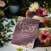 21歳の誕生日パーティーシックな金ゴールドフラワーバーガンディーレッド 招待状