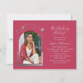 21歳の誕生日パーティーシナ写真マゼンタシルバー 招待状 (正面)