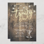 21歳の誕生日パーティーシャンパングラスウッドライト 招待状 (正面/裏面)