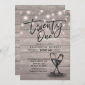 21歳の誕生日パーティーシャンパングラスウッドライト 招待状 (正面/裏面)