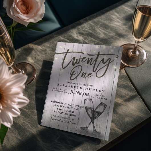 21歳の誕生日パーティーシャンパングラスウッドライト 招待状