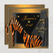 21歳の誕生日パーティーシューズ金ゴールドオレンジブラックゼブラ 招待状 (正面/裏面)