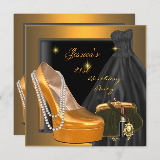 21歳の誕生日パーティーシューズ金ゴールドオレンジブラック 招待状 (正面/裏面)