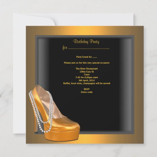 21歳の誕生日パーティーシューズ金ゴールドオレンジブラック 招待状 (裏面)