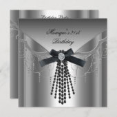 21歳の誕生日パーティーシルバーブラックダイヤモンドボウ 招待状 (正面/裏面)