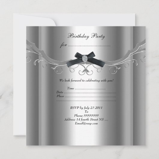 21歳の誕生日パーティーシルバーブラックダイヤモンドボウ 招待状 (裏面)