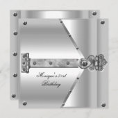 21歳の誕生日パーティーシルバーメタルロックヒンジ 招待状 (正面/裏面)