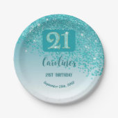 21歳の誕生日パーティースパークル・ティールブルーのラメ ペーパープレート (正面)