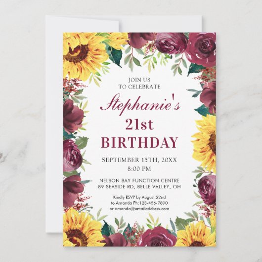 21歳の誕生日パーティースンフラワーフローラ 招待状 (正面)