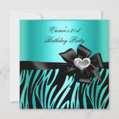 21歳の誕生日パーティーゼブラシルバーティール(緑がかった色)ブルーブラック 招待状 (正面)