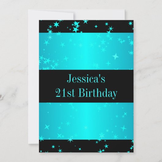 21歳の誕生日パーティーターコイズスターズブラック&ホワイト 招待状 (正面)