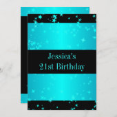 21歳の誕生日パーティーターコイズスターズブラック&ホワイト 招待状 (正面/裏面)