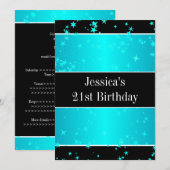 21歳の誕生日パーティーターコイズスターズブラック&ホワイト 招待状 (正面/裏面)
