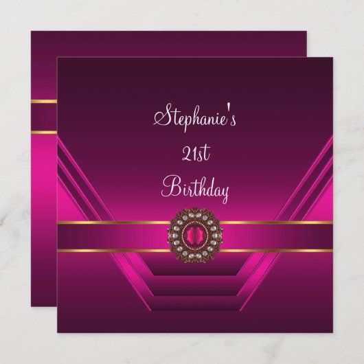 21歳の誕生日パーティーダークピンクシルク金ゴールド宝石 招待状 (正面/裏面)