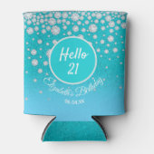 21歳の誕生日パーティーティール（緑がかった色）ブルーグリッター 缶クーラー (正面)