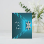 21歳の誕生日パーティーティール(緑がかった色)ブルーシルクダイヤモンドジュエル 招待状 (スタンド正面)