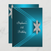 21歳の誕生日パーティーティール(緑がかった色)ブルーシルクダイヤモンドジュエル 招待状 (正面/裏面)