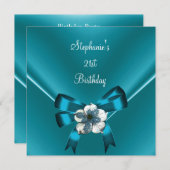 21歳の誕生日パーティーティール（緑がかった色）ブルーシルクホワイトジュエルボウ 招待状 (正面/裏面)