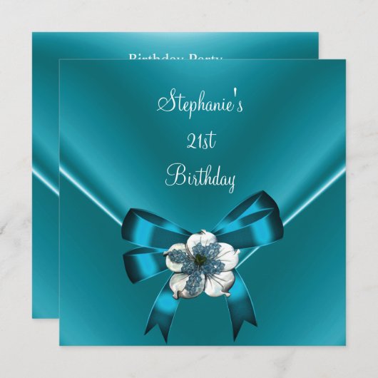 21歳の誕生日パーティーティール（緑がかった色）ブルーシルクホワイトジュエルボウ 招待状 (正面/裏面)