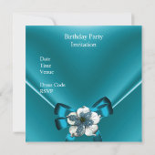21歳の誕生日パーティーティール（緑がかった色）ブルーシルクホワイトジュエルボウ 招待状 (裏面)